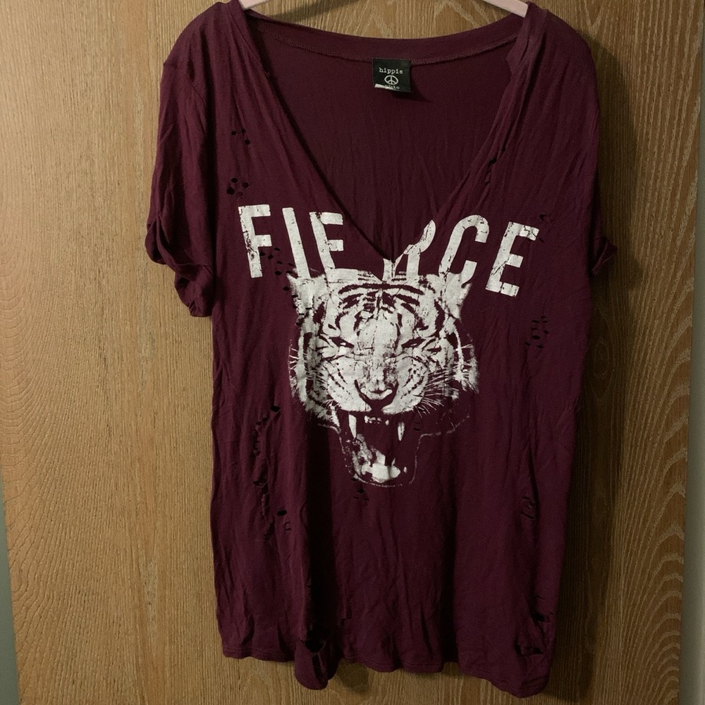 Hippie Chic burgundy and white distressed tiger “Fierce” shirt